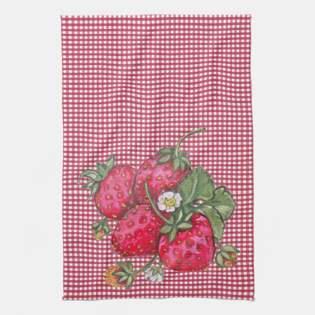 Vintag Red Strawberry Gingham Country Rustikal Geschirrtuch (Vertikal)