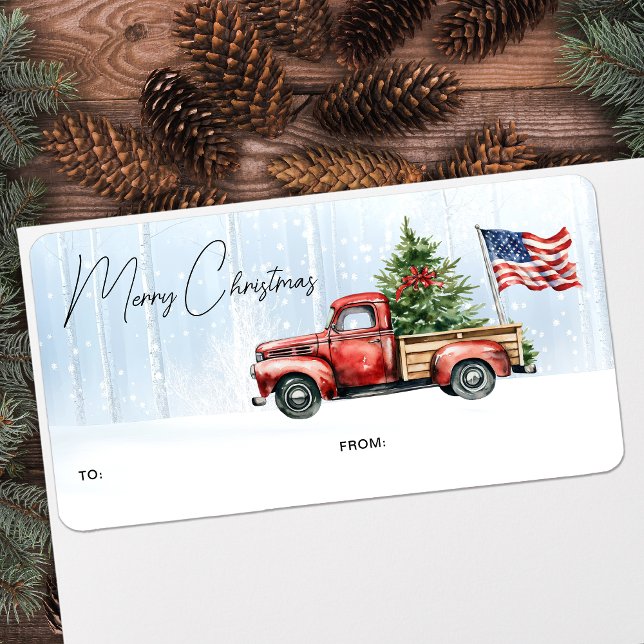 Vintag Red Truck Patriotic Frohe Weihnachtsgeschen Adressaufkleber (Von Creator hochgeladen)