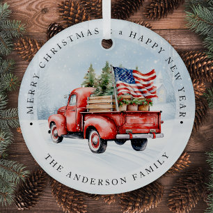 Vintag Red Truck Patriotic USA Flag Weihnachten Ornament Aus Glas