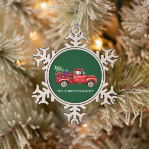 Vintag Red Truck Tree Geschenke Weihnachtsname Schneeflocken Zinn-Ornament