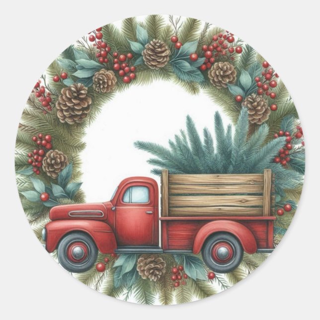 Vintag Red Truck Weihnachtsaufkleber Runder Aufkleber (Vorderseite)