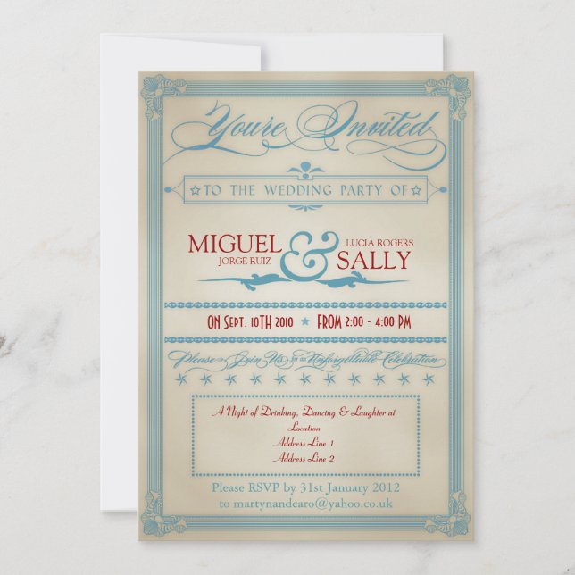 Vintag Red White & Blue Wedding Abend-only Einladung (Vorderseite)