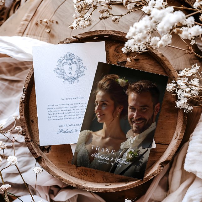 Vintag Regency Monogram Wappen & Foto Wedding Dankeskarte (Von Creator hochgeladen)