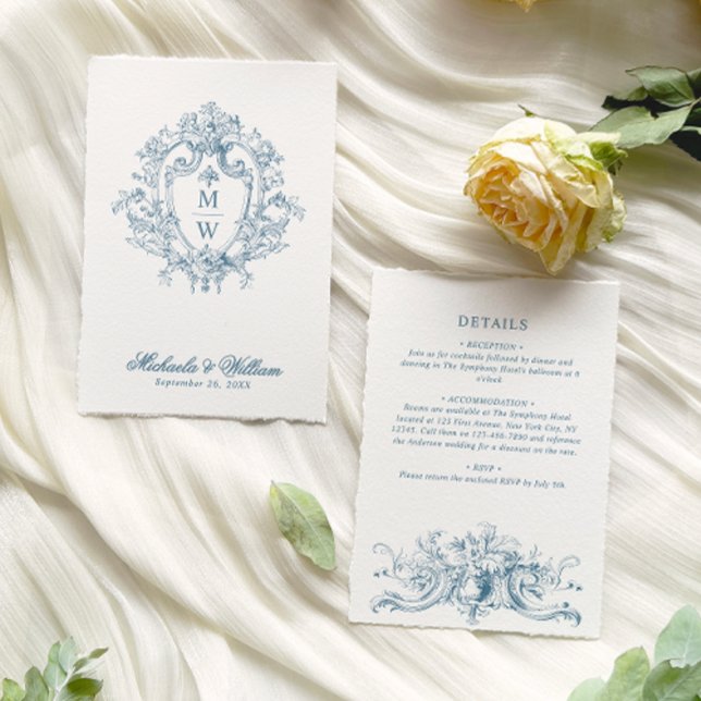 Vintag Regency Monogram Wappen Hochzeitdetails Begleitkarte (Von Creator hochgeladen)