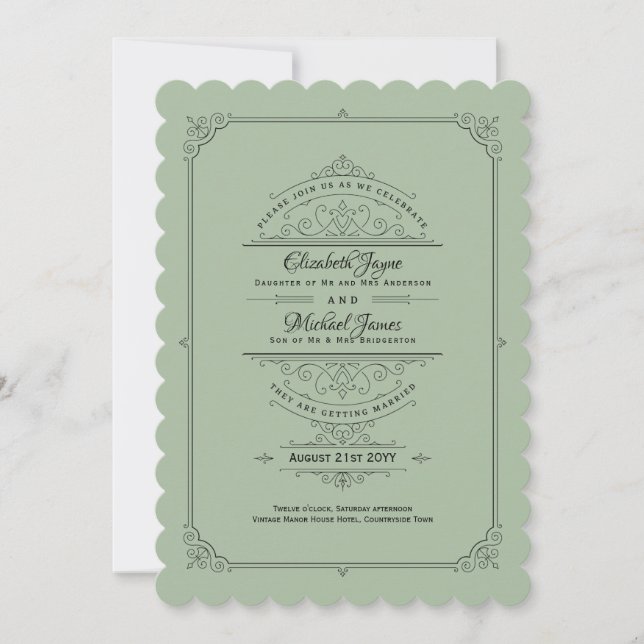 Vintag Regency Sage Green Wedding Einladung (Vorderseite)