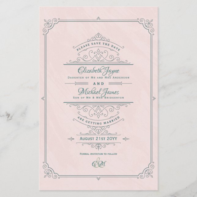 Vintag Regency Verziert Wedding rettet Termine Flyer (Vorne)
