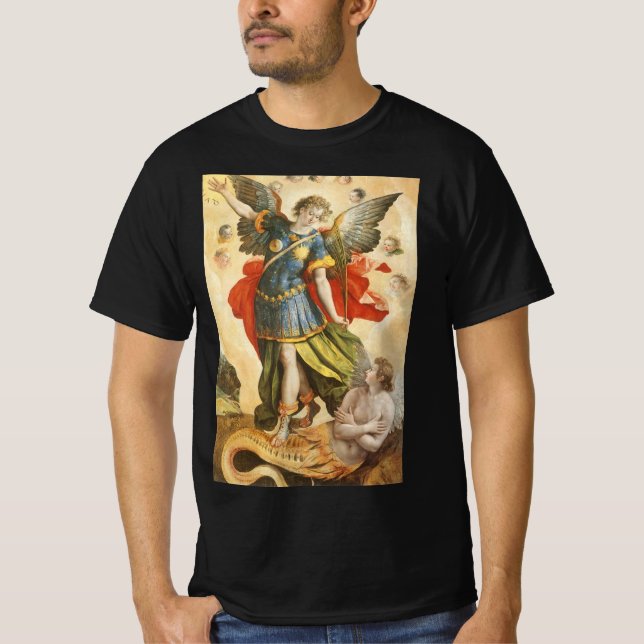 Vintag Religiös, Saint Michael Defeats Lucifer T-Shirt (Vorderseite)