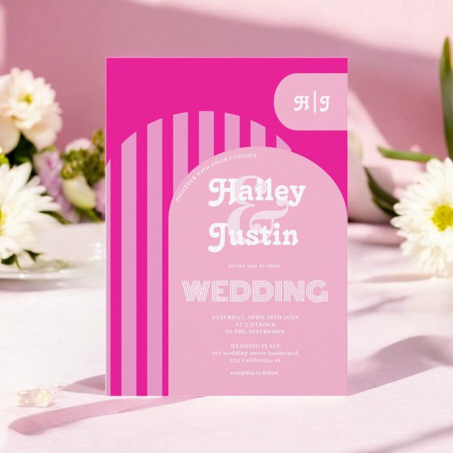 Vintag Retro 70er Rosa Foto Hochzeit Einladung (Vintage retro 70s pink arch photo wedding invitation)