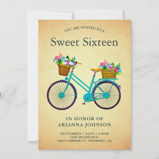 Vintag Retro Aquamarin Floral Bicycle 16 . Geburts Einladung