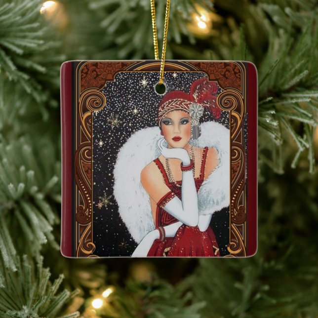 Vintag Retro Art Deco Woman Weihnachten Keramikornament (Baum)