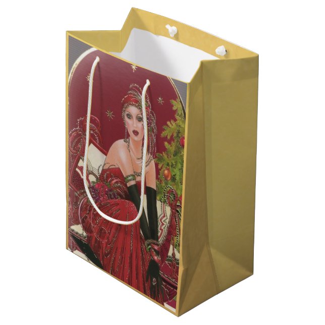 Vintag Retro Art Deco Woman Weihnachten Mittlere Geschenktüte (Vorderseite Schrägansicht)