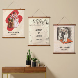 Vintag Retro Blühte 50er Couple Classic Wedding Wandteppich Mit Holzrahmen