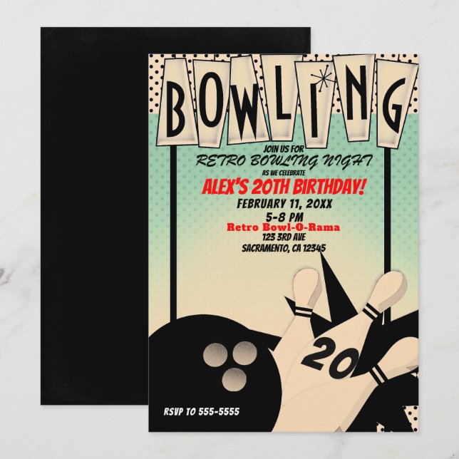 Vintag Retro Bowling Bowl Night Birthday Party Einladung (Vorne/Hinten)