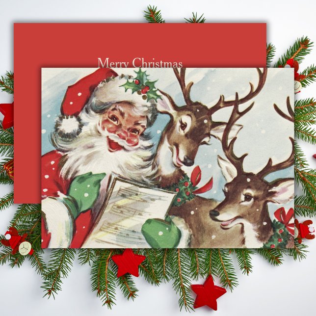 Vintag Retro Caroling Weihnachten & Reindeh Weihna (Vintage Retro Caroling Santa& Reindeer Christmas Holiday Card)