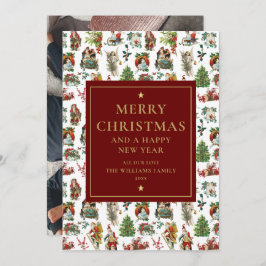 Vintag Retro Christmas Burgundy Gold Foto Feiertagskarte
