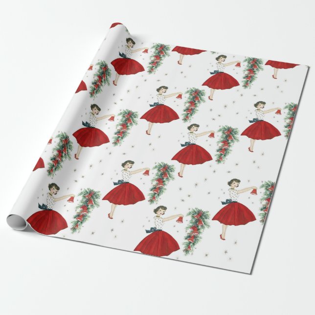Vintag Retro Christmas Lady Geschenkpapier (Ungerollt)