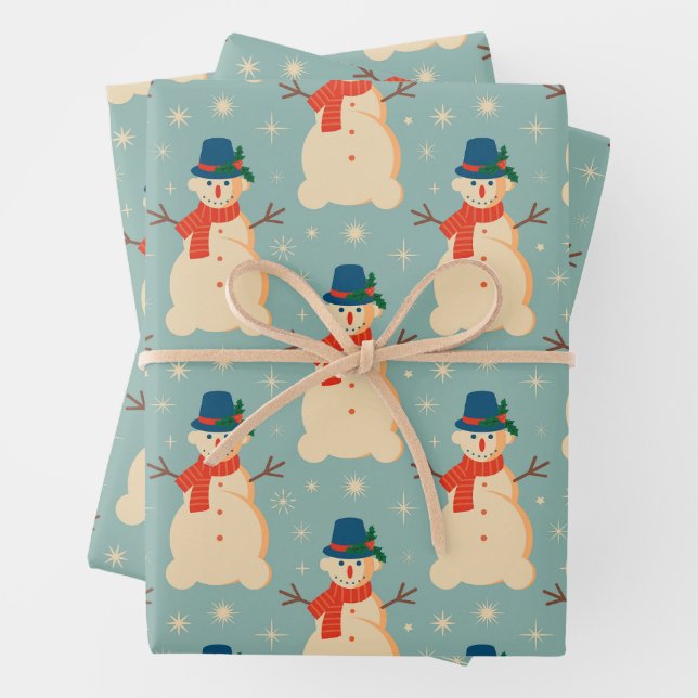 Vintag Retro Christmas Snowman Light Blue Geschenkpapier Set (Beispiel)