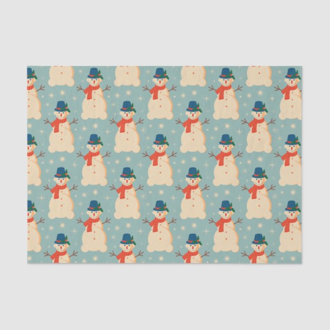 Vintag Retro Christmas Snowman Light Blue Seidenpapier (Vorderseite)