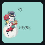 VINTAG RETRO CHRISTMAS SNOWMAN QUADRATISCHER AUFKLEBER<br><div class="desc">BABY BLAUE VINTAGE CHRISTMAS SNOWMAN.</div>