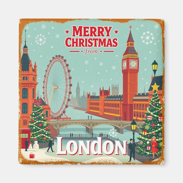 Vintag Retro Frohe Weihnachten aus London Magnet (Vorne)