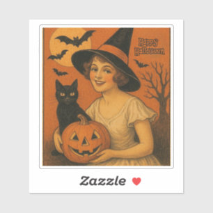 Vintag/Retro Happy Halloween Hexe, Katze, Kürbis Aufkleber