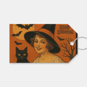 Vintag/Retro Happy Halloween Hexe, Katze, Kürbis Geschenkanhänger