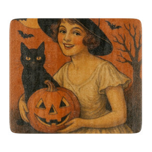 Vintag/Retro Happy Halloween Hexe, Katze, Kürbis Schneidebrett