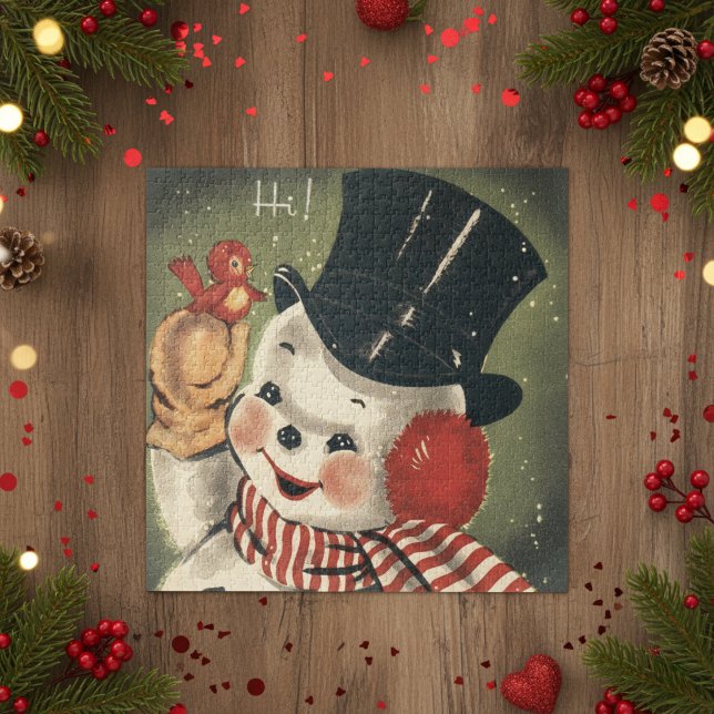 Vintag Retro Happy Snowman Holiday Puzzle (Vintage Retro Happy Snowman Holiday Jigsaw Puzzle)
