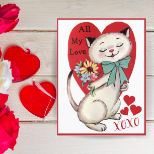 Vintag Retro Katze mit Blume Valentinstag Feiertagspostkarte