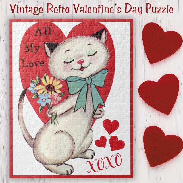 Vintag Retro Katze mit Blume Valentinstag Puzzle (Vintage Retro Cat with Flowers Valentine's Day Jigsaw Puzzle)