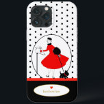 Vintag Retro Lady Scottie Dog Case-Mate iPhone Hülle<br><div class="desc">Ein Vintages Retro-Design einer stilvollen Dame und ihres schottischen Hundes. Fertig in klassischem Rot und Schwarz,  mit schwarzen Polka-Punkten auf weißem Hintergrund und personalisiert mit Ihrem Namen in goldenem Farbtext. Macht ein tolles Geschenk für Geburtstag,  Abschluss,  Feiertage,  Weihnachten und mehr!</div>
