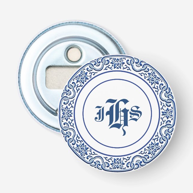 Vintag Retro Mit Monogramm Blue White Flaschenöffner (Vorderseite)