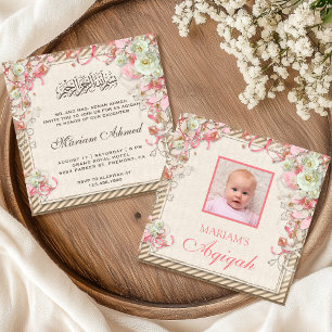 Vintag Retro Pink Floral Baby Girl Foto Aqiqah Einladung