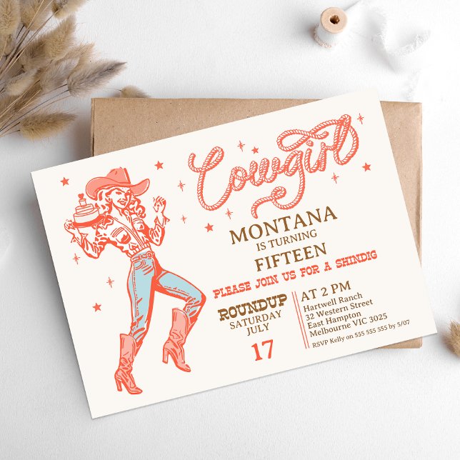 Vintag Retro Red Any Age Cowgirl Geburtstag Einladung (Cowgirl Birthday Invitation, Any Age, Vintage Retro Cowgirl Birthday Invitation, Rodeo Western Wild)