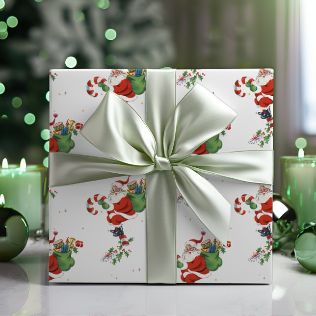 Vintag Retro Santa Candy Cane Pogo Stick Geschenkpapier (Vintage Retro Santa Candy Cane Pogo Stick Wrapping Paper)