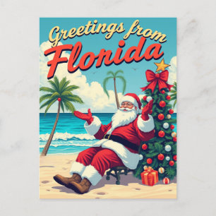 Vintag Retro Santa Claus am Strand - Florida Feiertagspostkarte