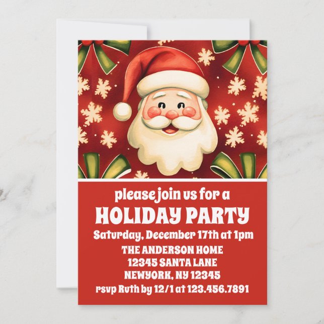 Vintag Retro Santa Claus und Bows Weihnachtsfeiert Einladung (Vorderseite)