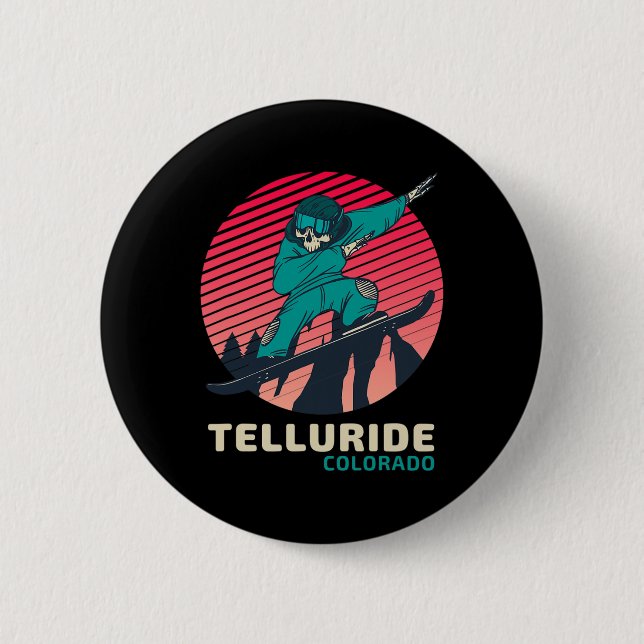 Vintag Retro Snowboarden Skelett Telluride Colo Button (Vorderseite)