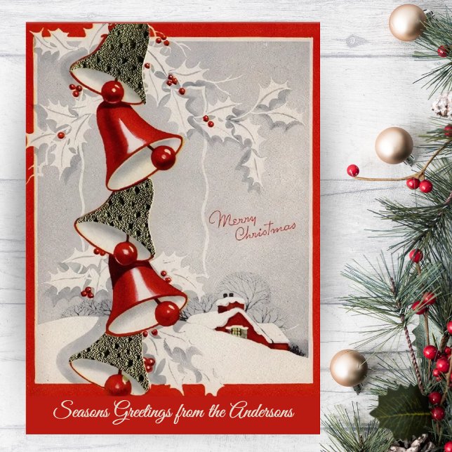 Vintag Retro Snowkappen Weihnachtsglocken Custom Feiertagskarte (Vintage Retro Snowcapped Christmas Bells Custom Holiday Card)