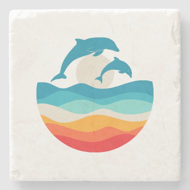 Vintag Retro Summer Time Beach Dolphin Steinuntersetzer (Vorderseite)