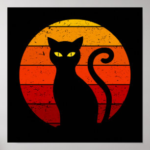 Vintag Retro Sunset Halloween Black Cat I Poster