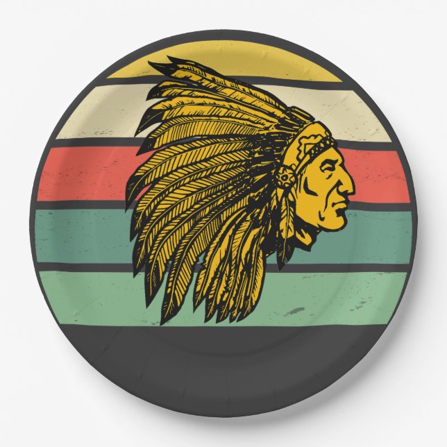 Vintag Retro Sunset Native American Graphic Pappteller (Vorderseite)