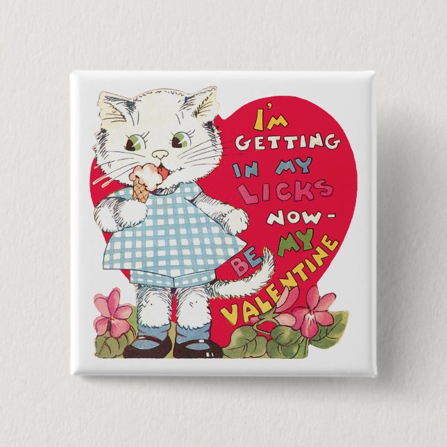 Vintag Retro Valentine's Day Cat Eating Ice Creme Button (Vorderseite)