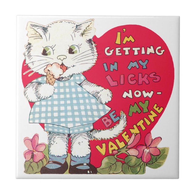 Vintag Retro Valentine's Day Cat Eating Ice Creme Fliese (Vorderseite)