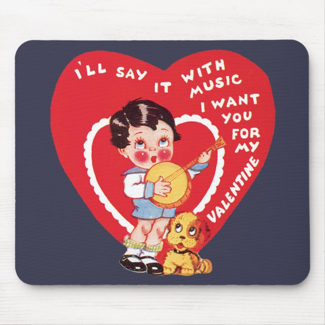 Vintag Retro Valentinstag, Boy Music Banjo Mousepad (Vorne)
