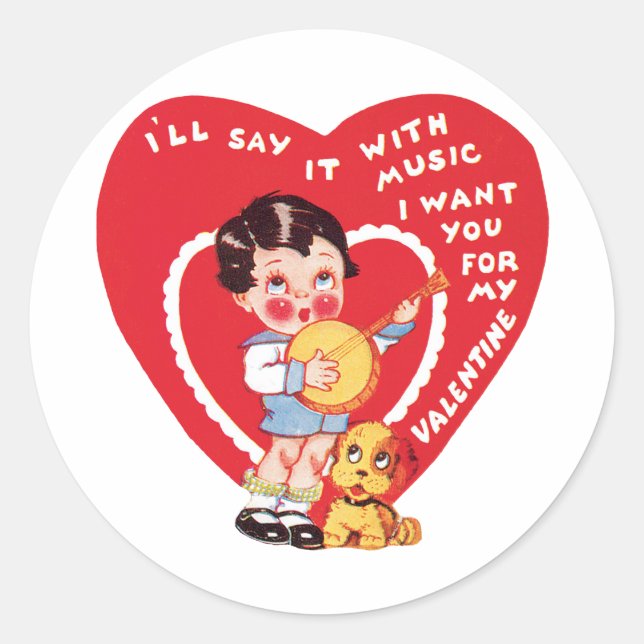 Vintag Retro Valentinstag, Boy Music Banjo Runder Aufkleber (Vorderseite)