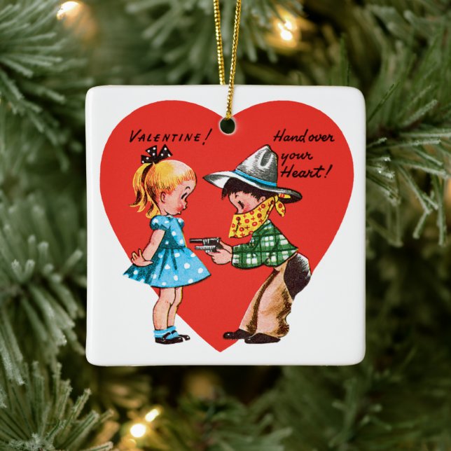 Vintag Retro Valentinstag, Mädchen mit Cowboy Keramikornament (Baum)