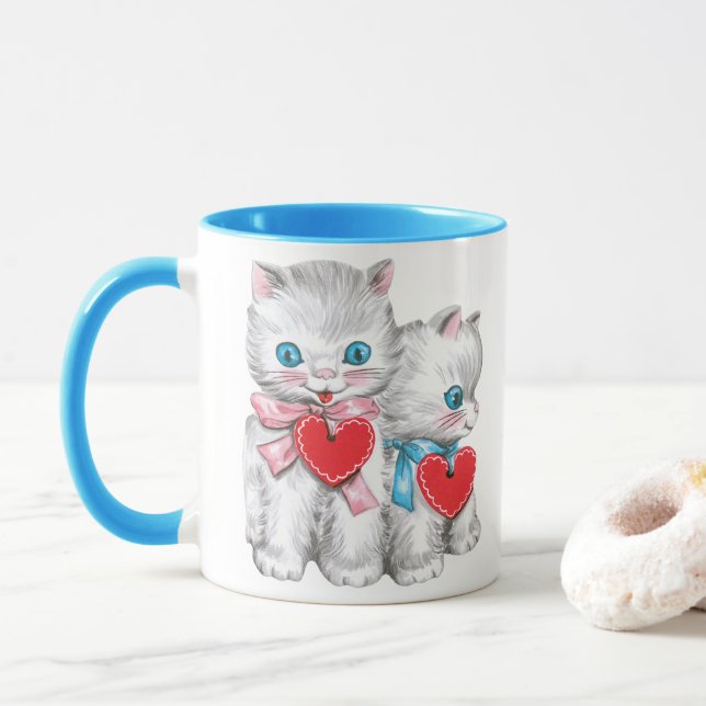 Vintag Retro Valentintagskatzen, Niedliche Kätzche Tasse (Mit Donut)
