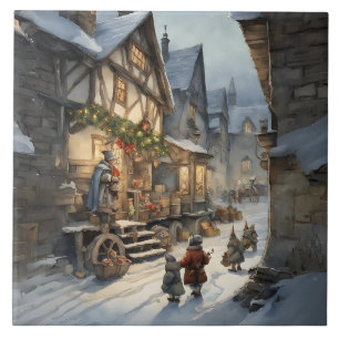 Vintag Retro Watercolor Weihnachtsdorf Fliese