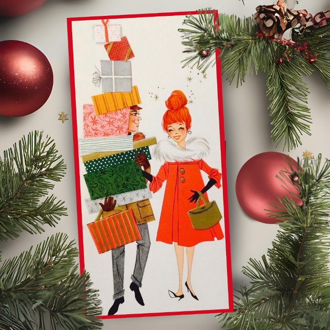 Vintag Retro Weihnachts-Coupé kundenspezifisch Feiertagskarte (Vintage Retro Christmas Shopping Couple Custom Holiday Card. Add your name & a special message!)